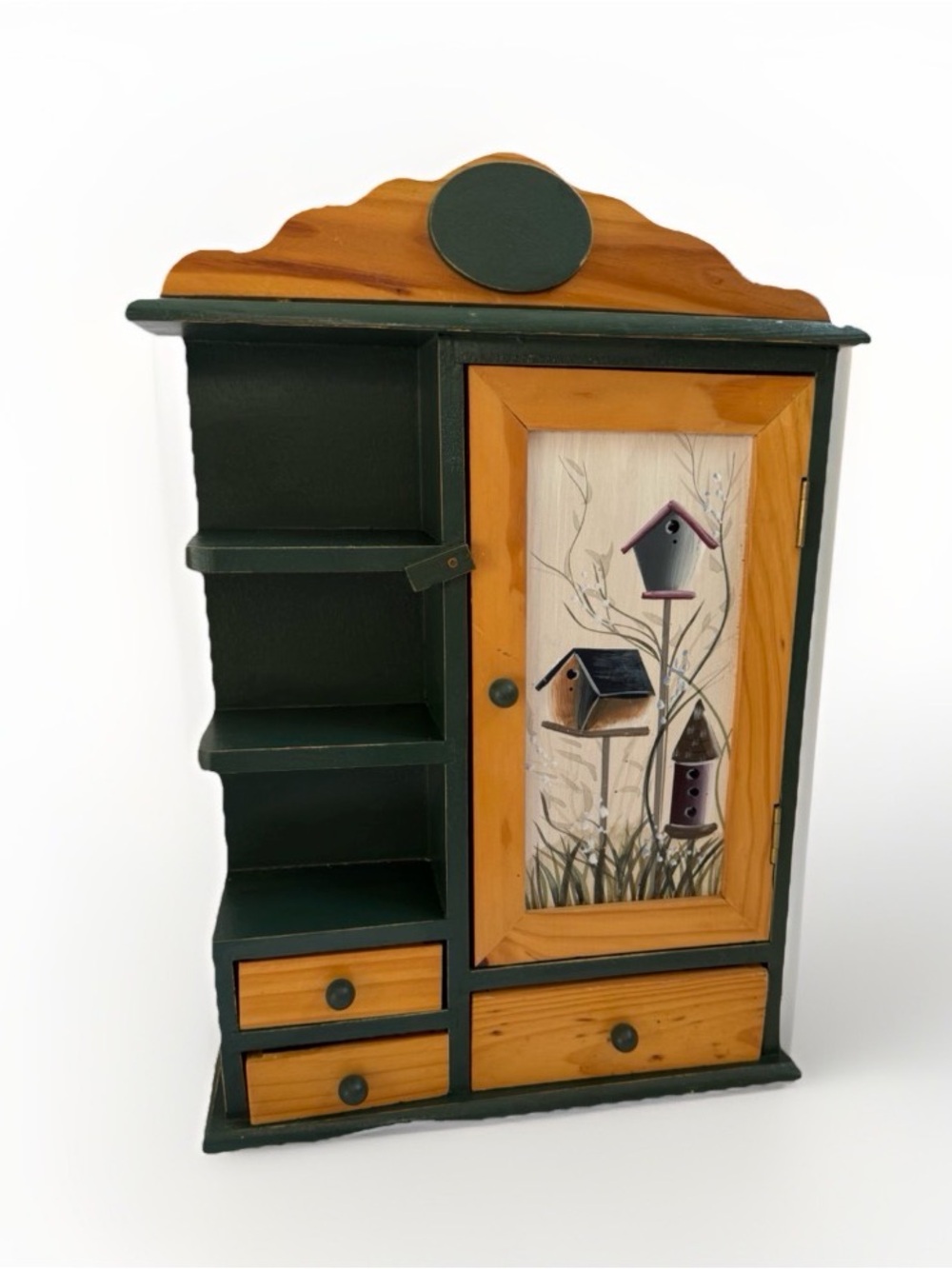 Vintage Hand Painted Birdhouse Wooden Wall Cabinet Spice Rack Apothecary Drawer